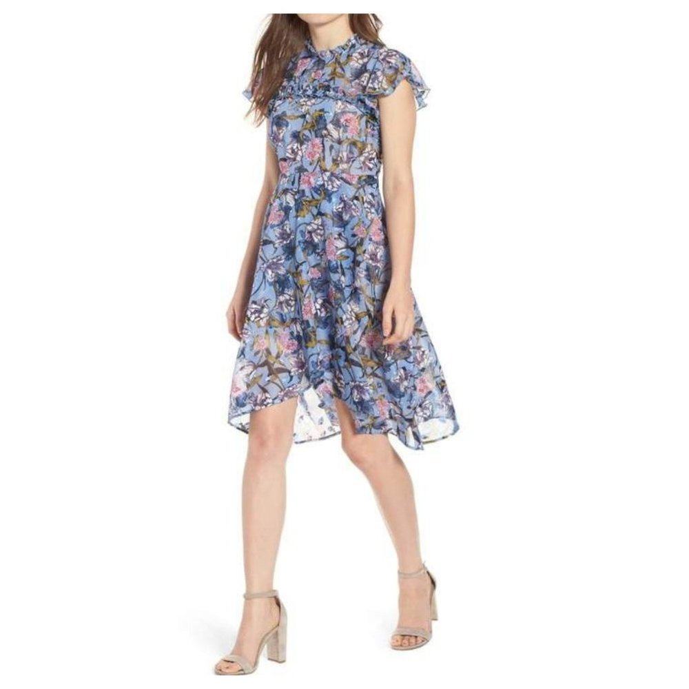 Blue Floral Ruffle Dress - Size Medium